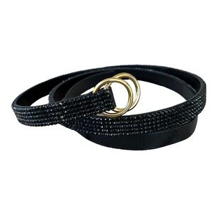 Daniel Swarovski Paris Black Pave Crystal Leather Belt Gold Tone Circle Buckle
